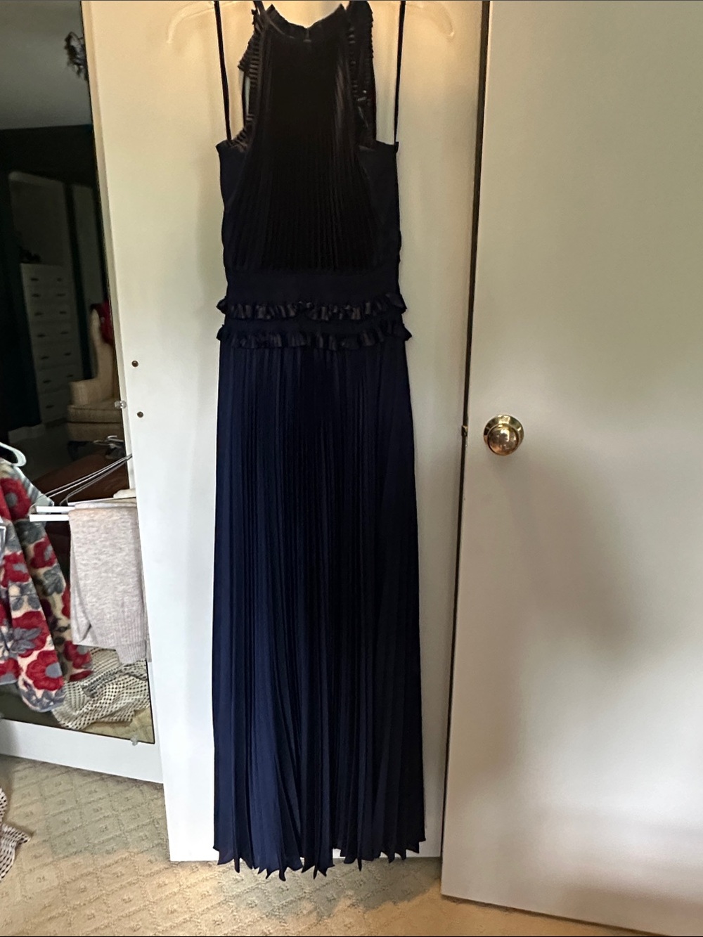 BCBGMaxAzria Navy Pleated Maxi Dress with Ruffle Waist